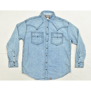 Cowboy Up Classic Fit Blue Acid Wash Western Snap Button Shirt Size L CB60203